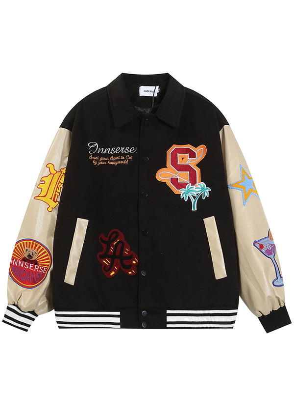 Vintage Bear Embroidered Patches Patchwork Varsity Jackets