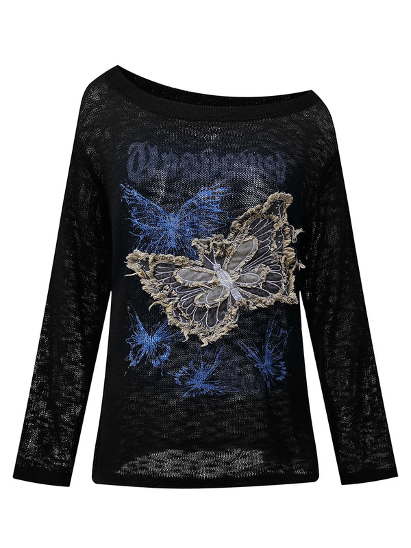 Women’s Sheer Butterfly Graphic Knitted Top – Vintage Frayed Appliqué