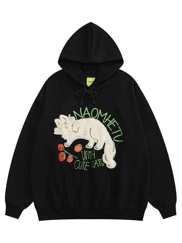 Winter Fleece Cat Graphic Embroidery Hoodies – Pullover Hooded Sweatshirts