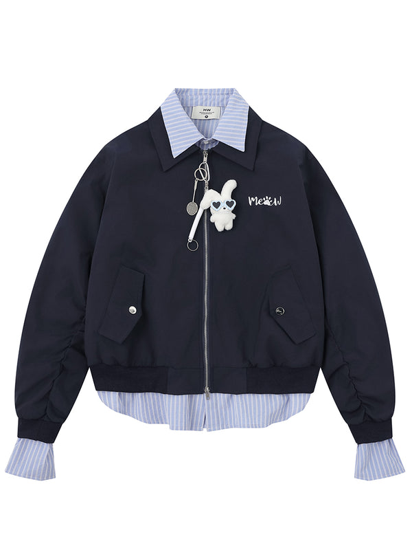 Streetwear Cute Layered Look Bomber Jacket with Plush Cat Charm