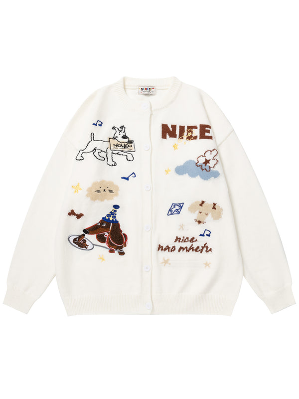 Cute Cartoon Knitted Cardigan – Soft Fleece Sweater with Embroidery