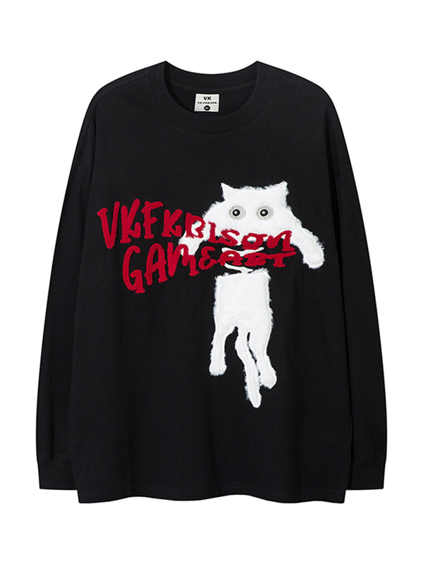 Unisex Oversized Long Sleeve Cotton T-Shirt with Fuzzy Cat Graphic