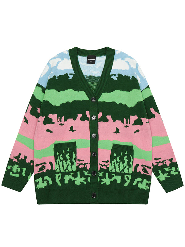 Abstract Landscape Design Streetwear Colorful Knitted Cardigans