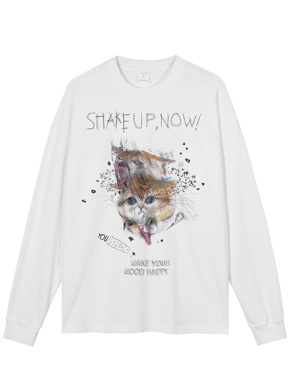 Washed Oversized Long Sleeve T-Shirts – 100% Cotton Artistic Pet Graphic Tee