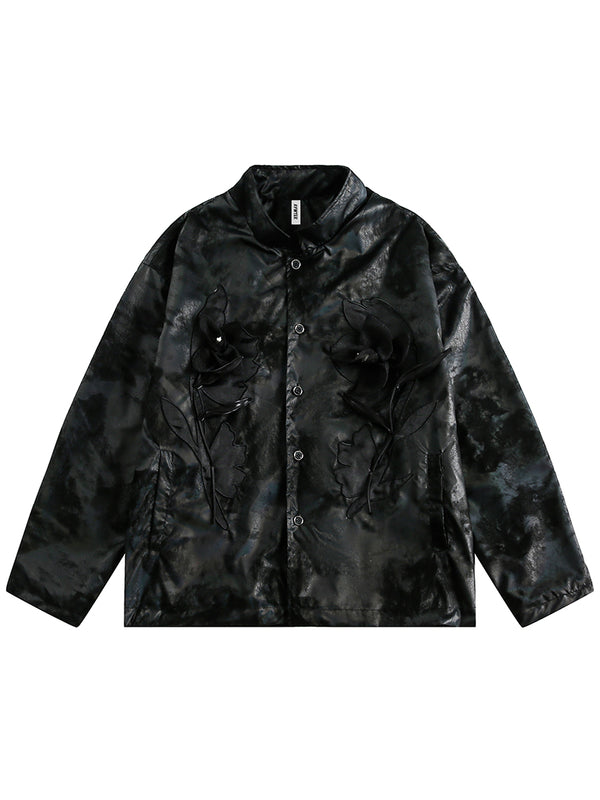 3D Floral Design Streetwear Nocturnal Bloom Black Satin Jackets