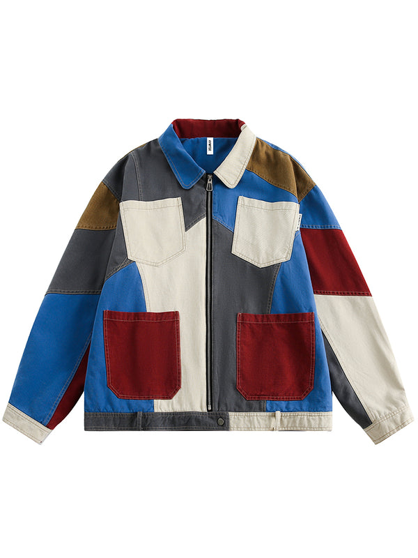 Vintage Tapestry Color Block Patchwork Cargo Track Jackets