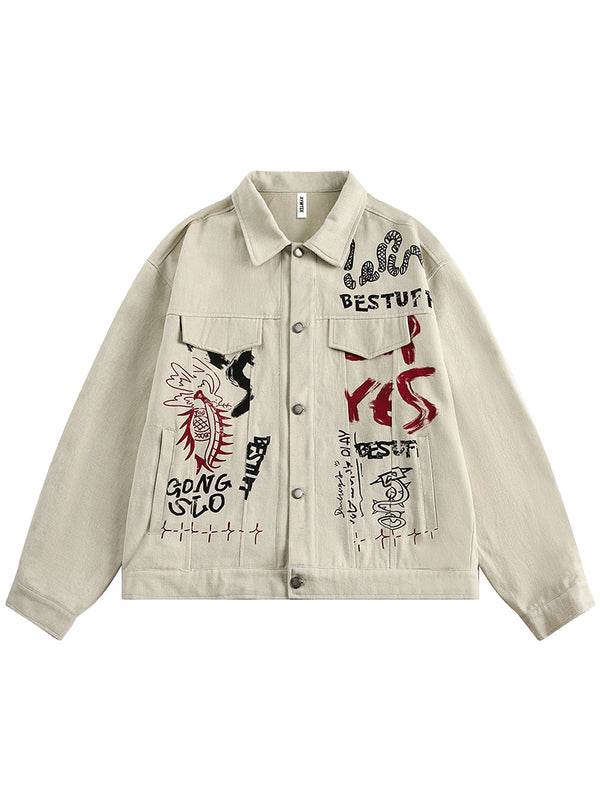 Streetwear Graffiti Printed Unisex Washed Cargo Track Jackets