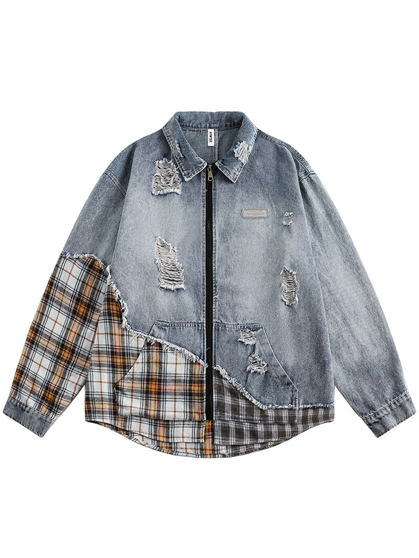 Plaid Patchwork Distressed Streetwear Ripped Hole Denim Jackets