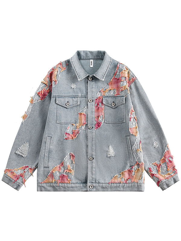 Stylish Patch Design Distressed Phoenix Reborn Denim Jackets