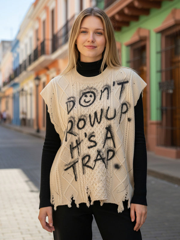 Streetwear Knitted Vest Cable-Knit Sleeveless Pullover Sweaters Tops