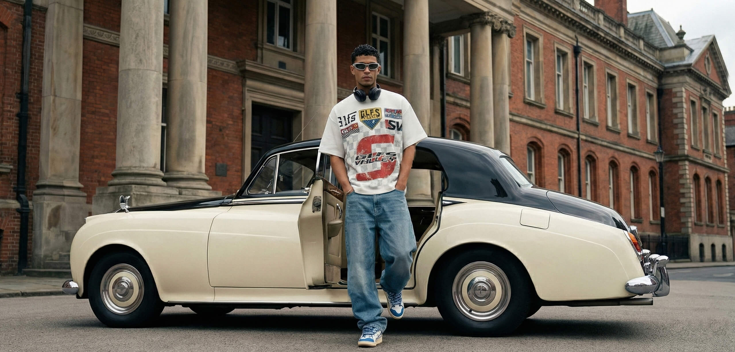 A young man wearing sunglasses and headphones leans against the open door of a cream and black vintage luxury car. He is dressed in an oversized white t-shirt with racing-style graphics and baggy blue jeans, standing in front of a grand red brick building with classical stone columns