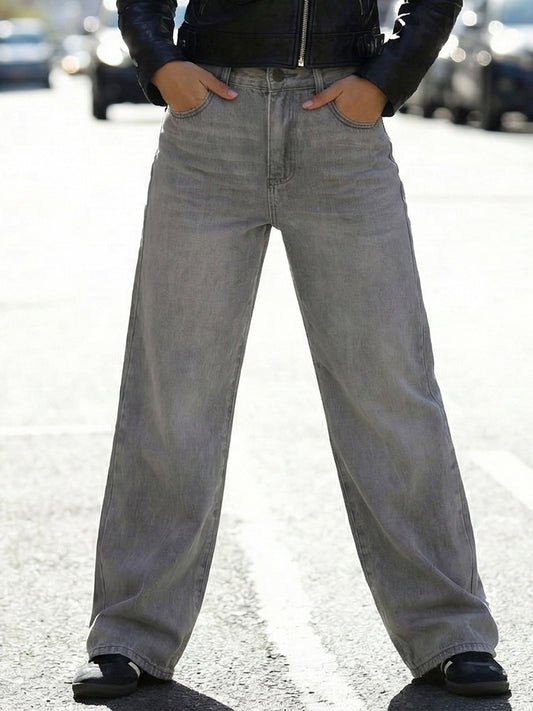 Front view of heavyweight 14.2oz grey denim jeans with a loose fit and slight flare, featuring a clean waist design and vintage wash texture.