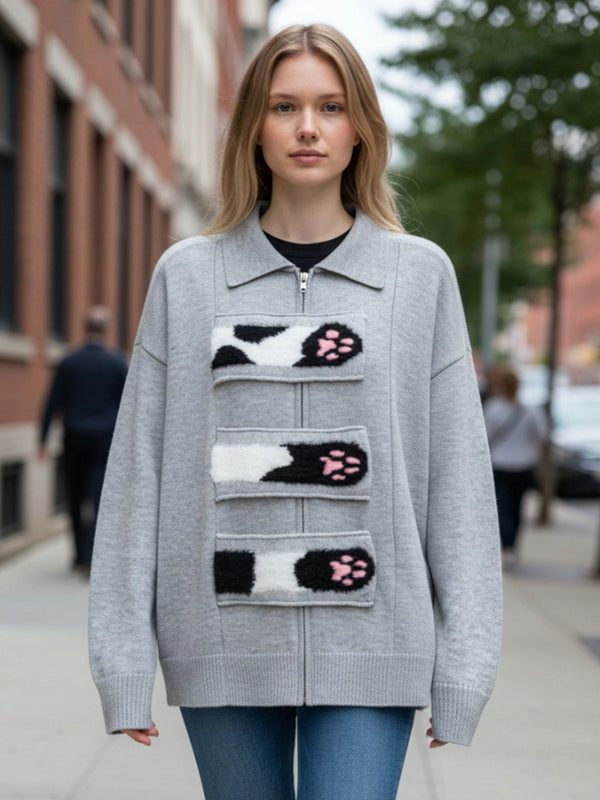 Cute Paw & Scooter Dog Knitted Sweater – Cozy, Playful Design Cardigan