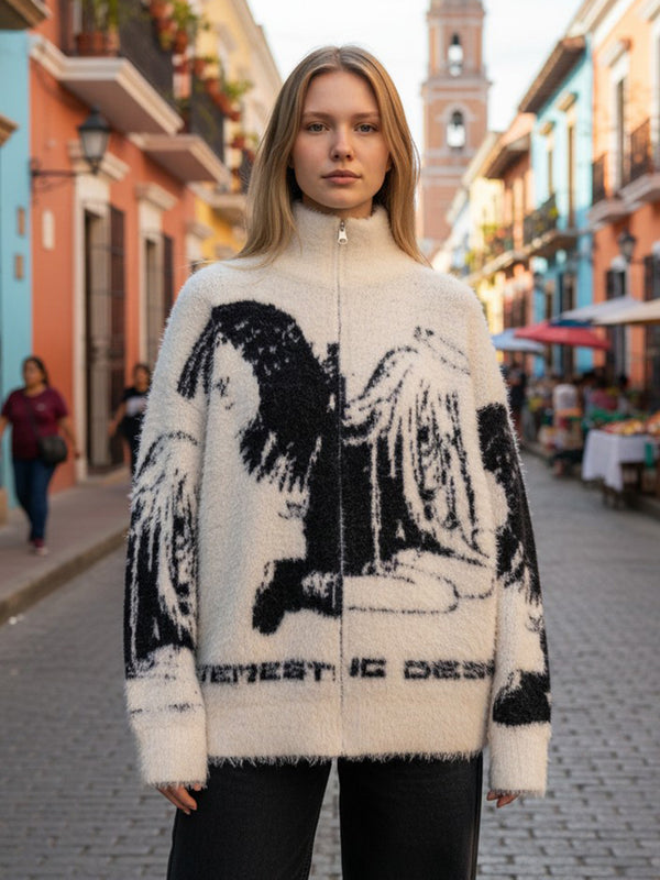 Streetwear Jacquard Winged Angel Zip Up Sweaters Outerwear Jackets