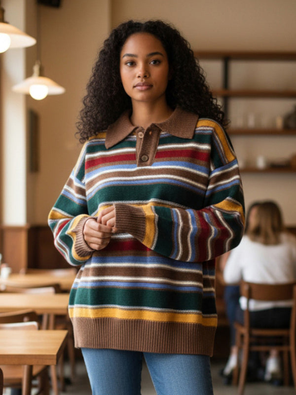 Vintage Striped Knitted Polo Sweater - Long Sleeve Knit Tops